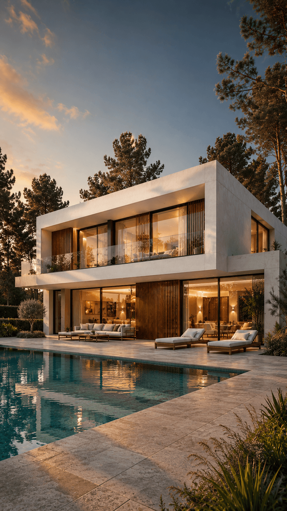 Casa de hormigón a medida al atardecer con piscina — Madrid